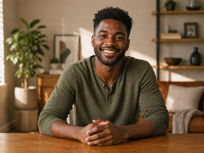 Smiling man sitting at wooden table in cozy home setting with warm natural lighting.