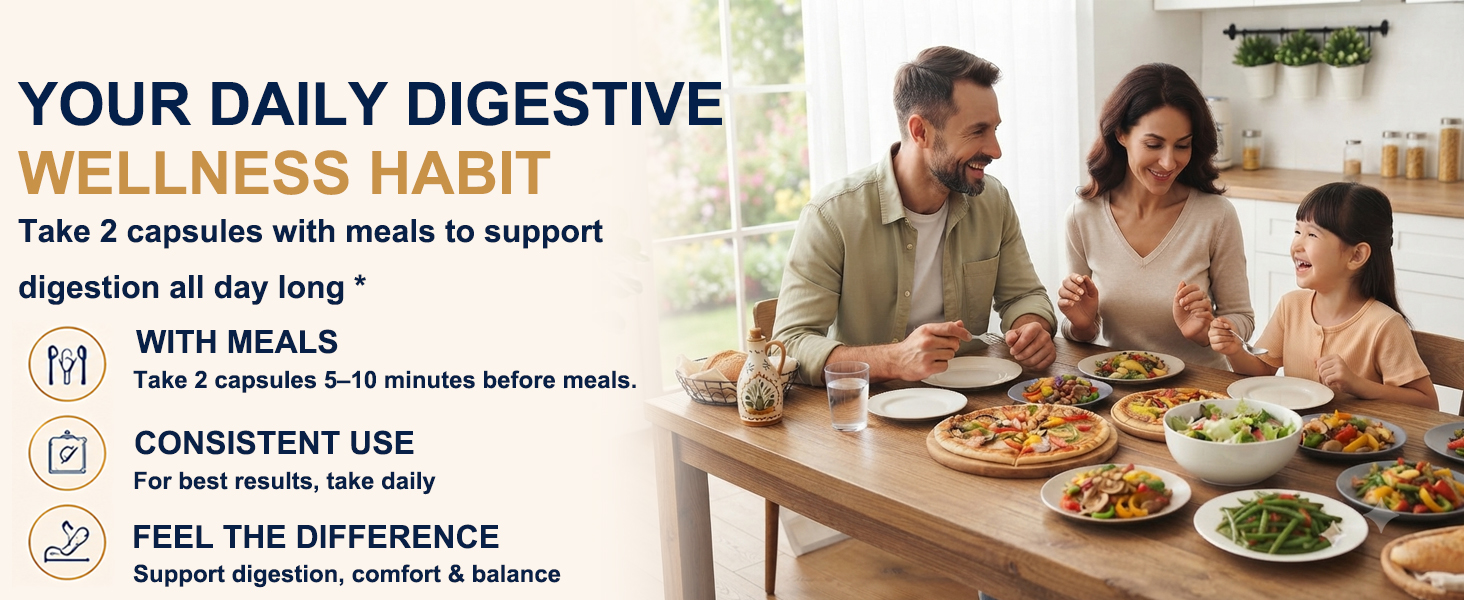 Daily digestive wellness routine with two digestive enzyme capsules