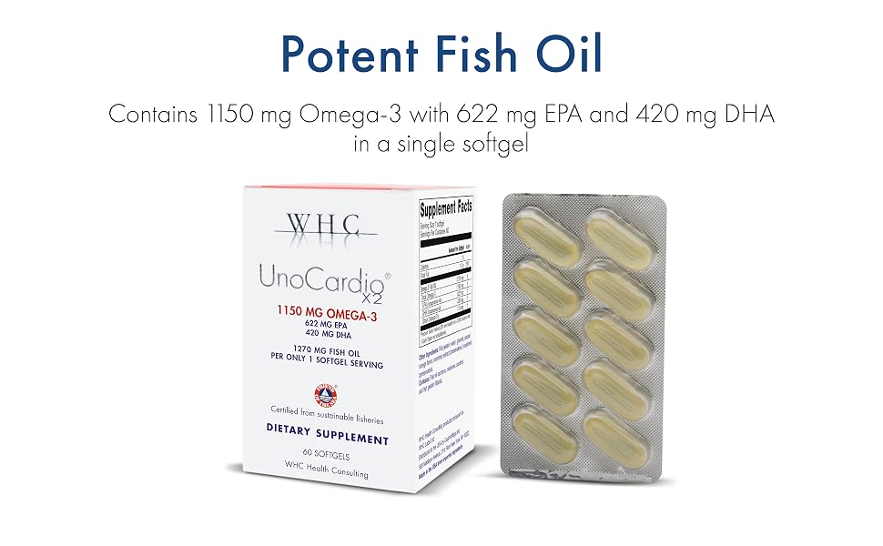 Potent Fish Oil. Contains 1150 mg Omega-3 with 622 mg EPA and 420 mg DHA in a single softgel.