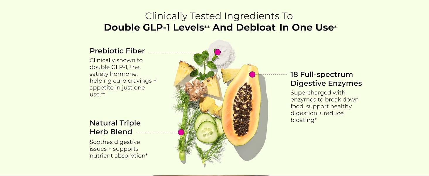 Papaya, pineapple, cucumber, and herbs in HUM Flatter Me Fiber digestive enzyme blend