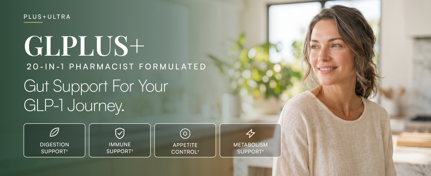GLPLUS+ 20-in-1 synbiotic gut support for your GLP-1 journey with formula benefit icons