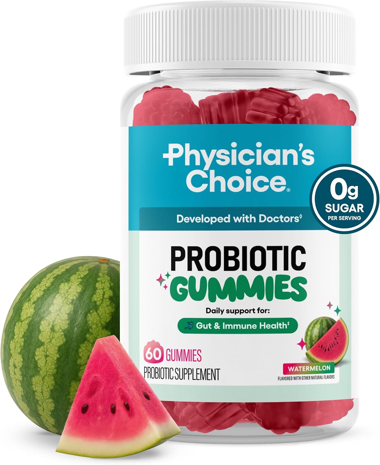 Physician’s CHOICE Probiotic Gummies with Vitamin D & Prebiotic Fiber – Sugar Free – 1B CFUs of Clinically Studied Probiotic – Supports Immune & Gut Health for Women & Men – Watermelon Flavor – 60CT