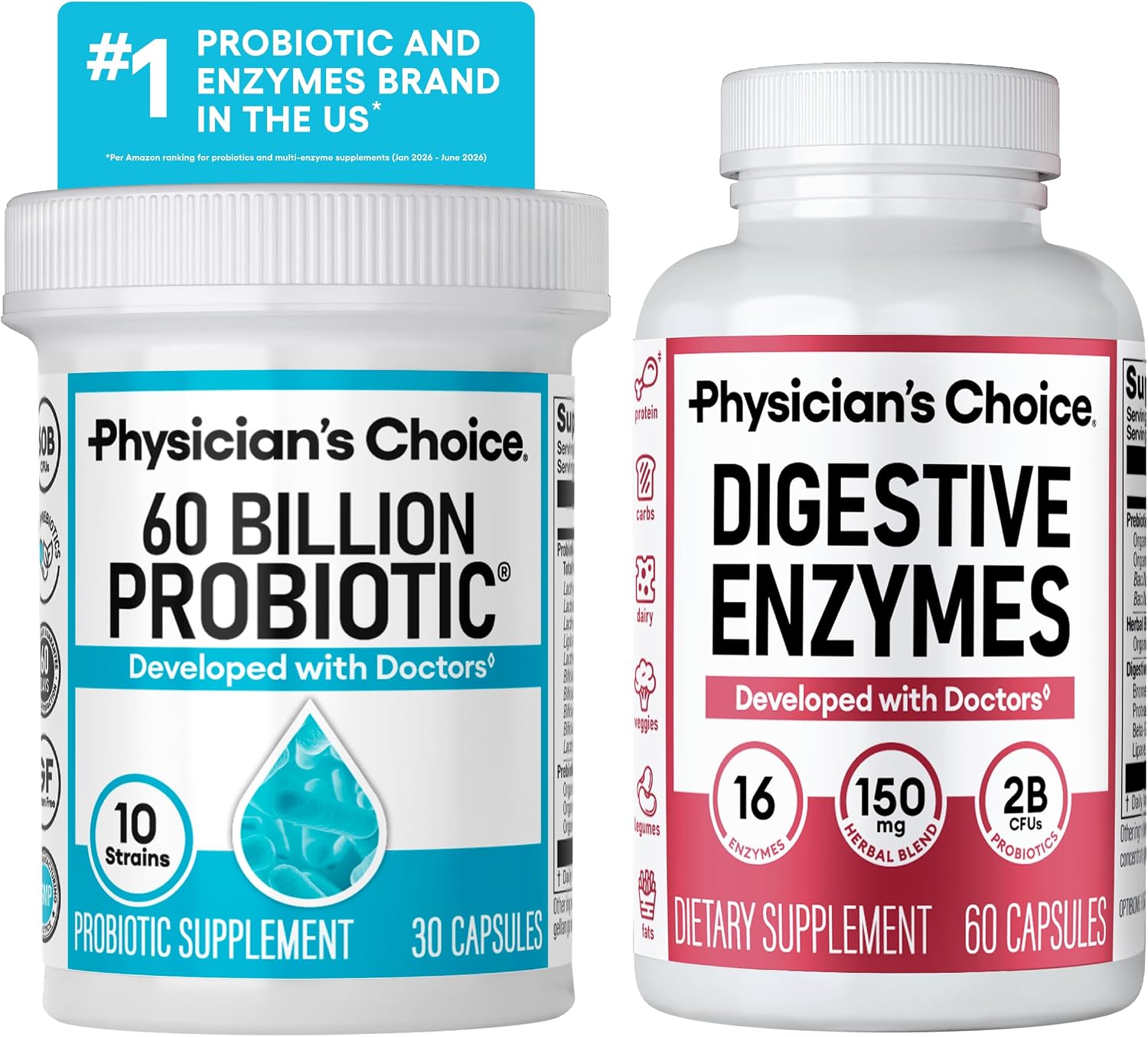 Physician’s CHOICE Advanced Gut Health Bundle: 60 Billion Probiotics 30ct + Digestive Enzymes 60ct w/Bromelain+ Digestive, Gut, Immune Health Supports Occasional Constipation, Diarrhea, Gas, Bloating