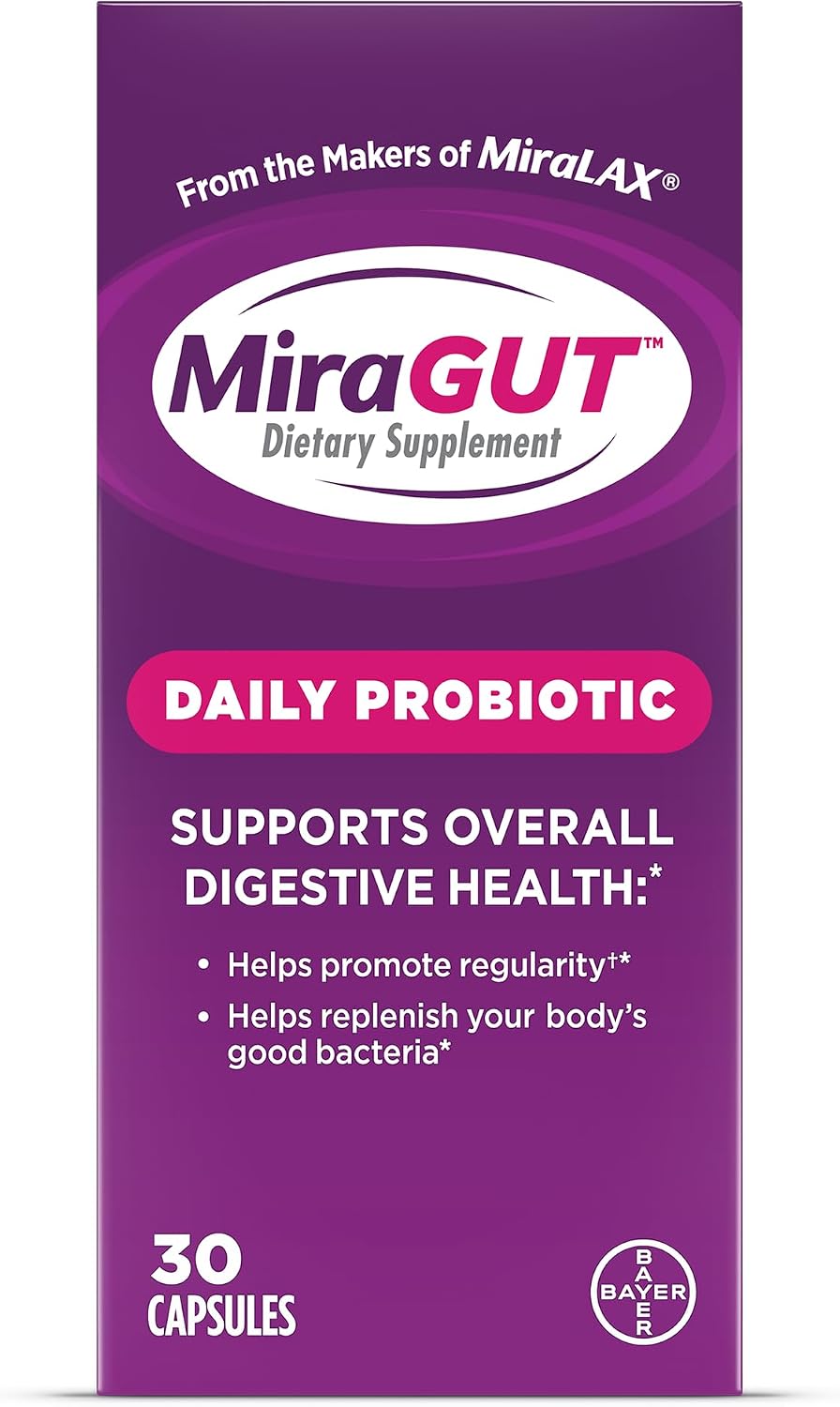 MiraGUT Daily Probiotic, from the Makers of MiraLAX, Probiotics for Digestive Health, Gluten-Free Supplement, Probiotic for Women and Men, Support Overall Digestive Health, 30 Ct