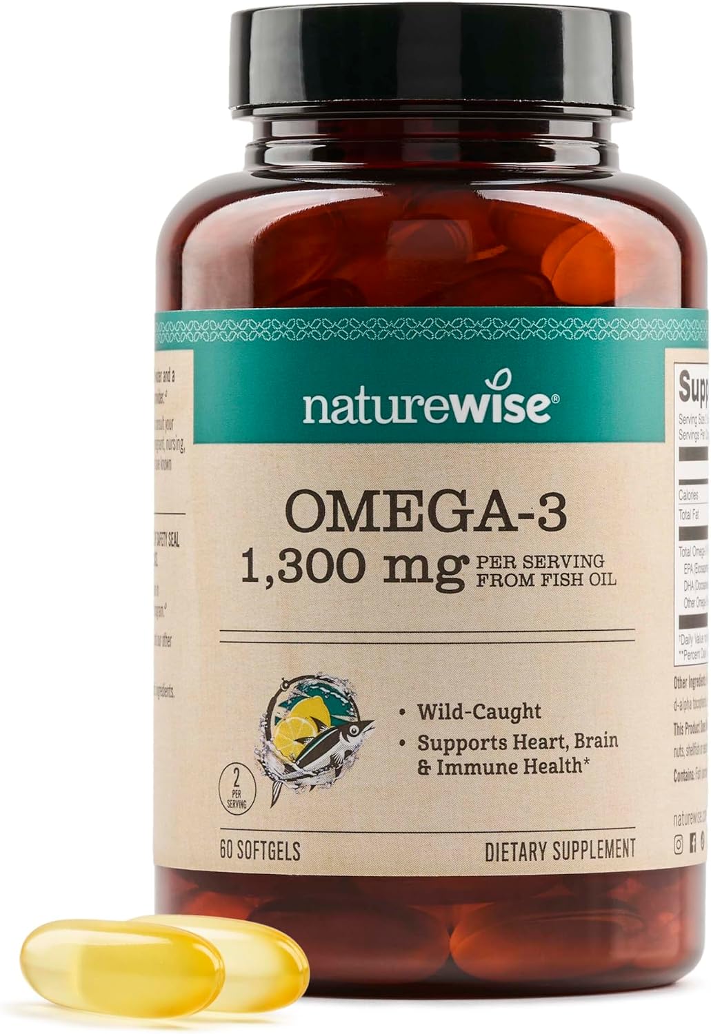 NatureWise Ultra Omega 3 Fish Oil 2200 mg – 1300 mg Omega-3 – Triglyceride Form – Lemon Flavor – Wild-Caught Fish Oil + EPA & DHA – Burpless, Non-GMO – 60 Softgels[1-Month Supply]