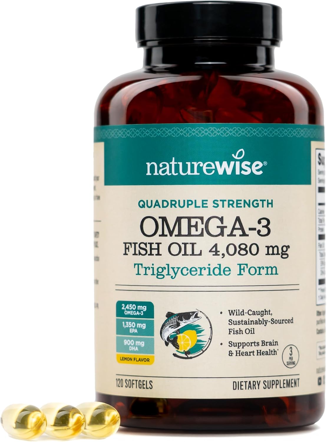 NatureWise Quadruple Strength Omega 3 Fish Oil 4080mg- Natural TG Form + Wild Caught – 2450mg Omega 3 + 1350mg EPA 900mg DHA – Burpless – Non-GMO & USA Manufactured – 120 Softgels[40 Day Supply]