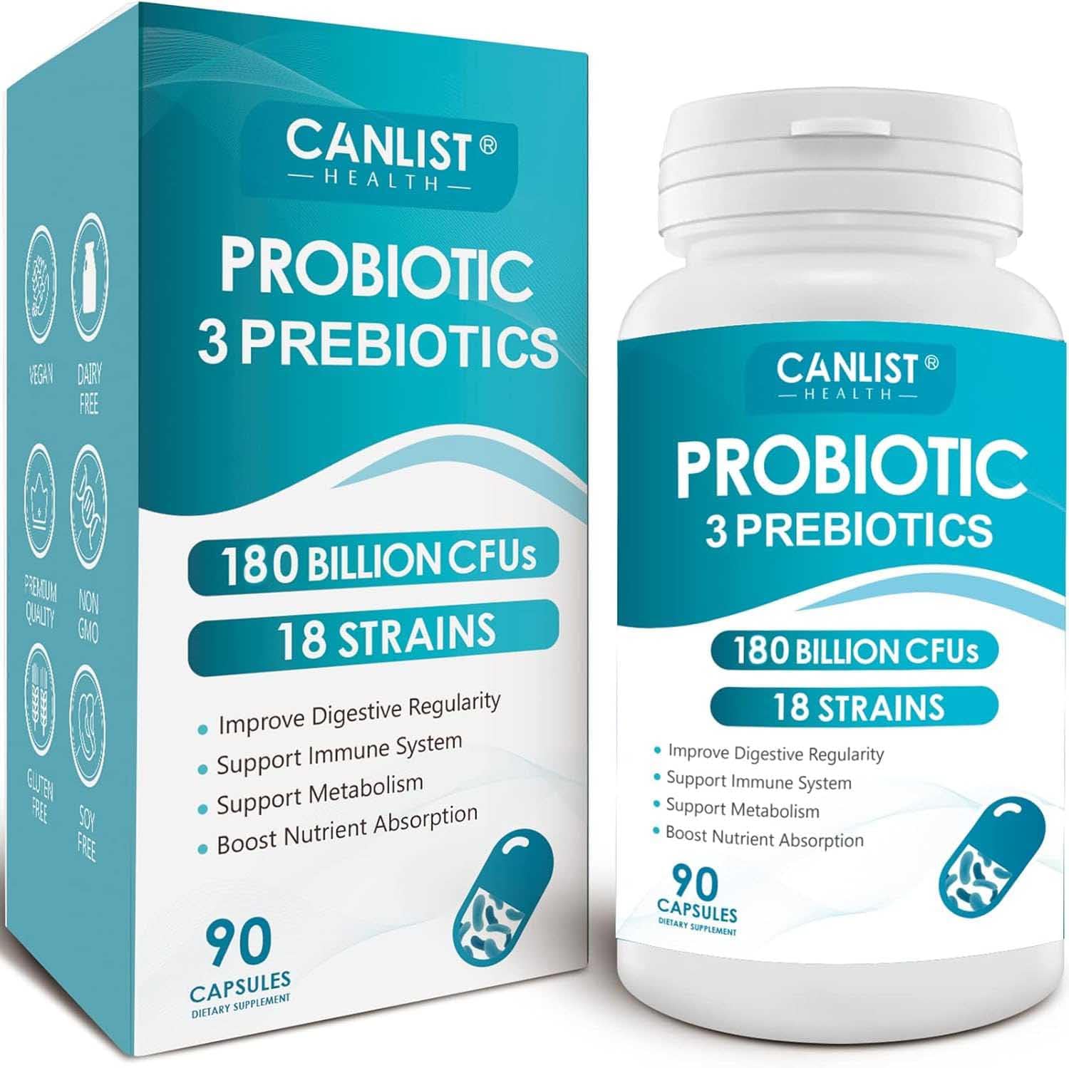 CANLIST Probiotics 180 Billion CFUs 18 Strains, 3 Prebiotics & Digestive Enzymes for Men Women,Digestive & Immune Support,Shelf Stable Non-GMO 90 Capsules