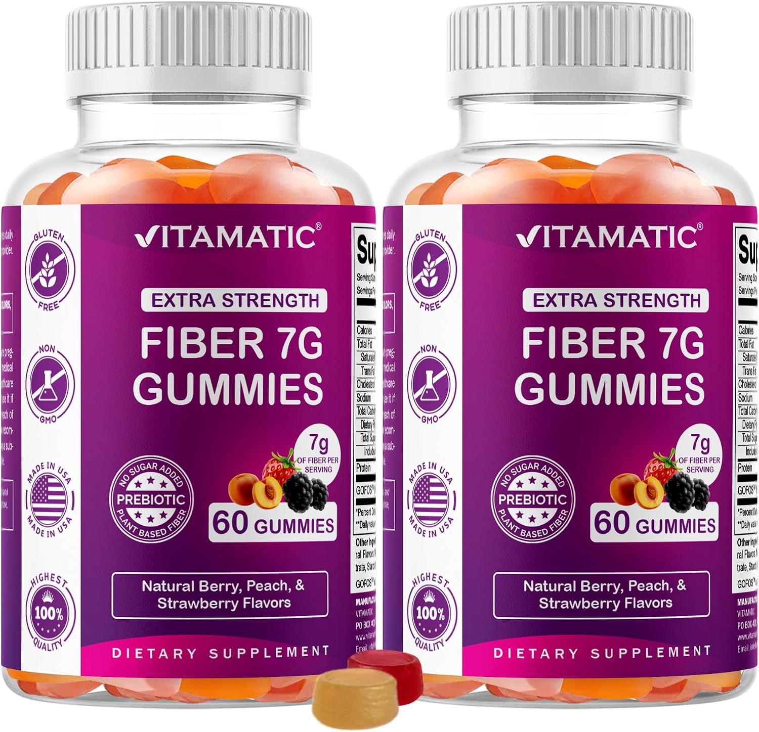 Vitamatic Extra Strength Prebiotic 7g Fiber, 60 Gummies – 2 Pack