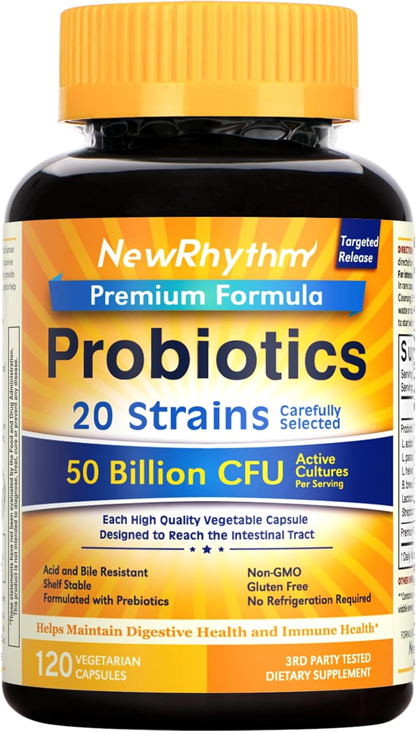 NewRhythm Probiotics 50 Billion CFU 20 Strains, 120 Veggie Capsules, Targeted Release Technology, Stomach Acid Resistant, No Need for Refrigeration, Non-GMO, No Gluten