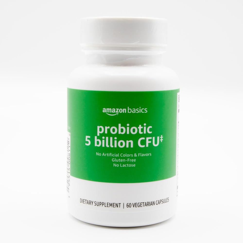 Amazon Basics Probiotic 5 Billion CFU, 8 Probiotic strains with 60 mg Prebiotic Blend, 60 Count Vegetarian Capsules, 2 Month Supply, Supports Healthy Digestion (Previously Solimo), Packaging May Vary