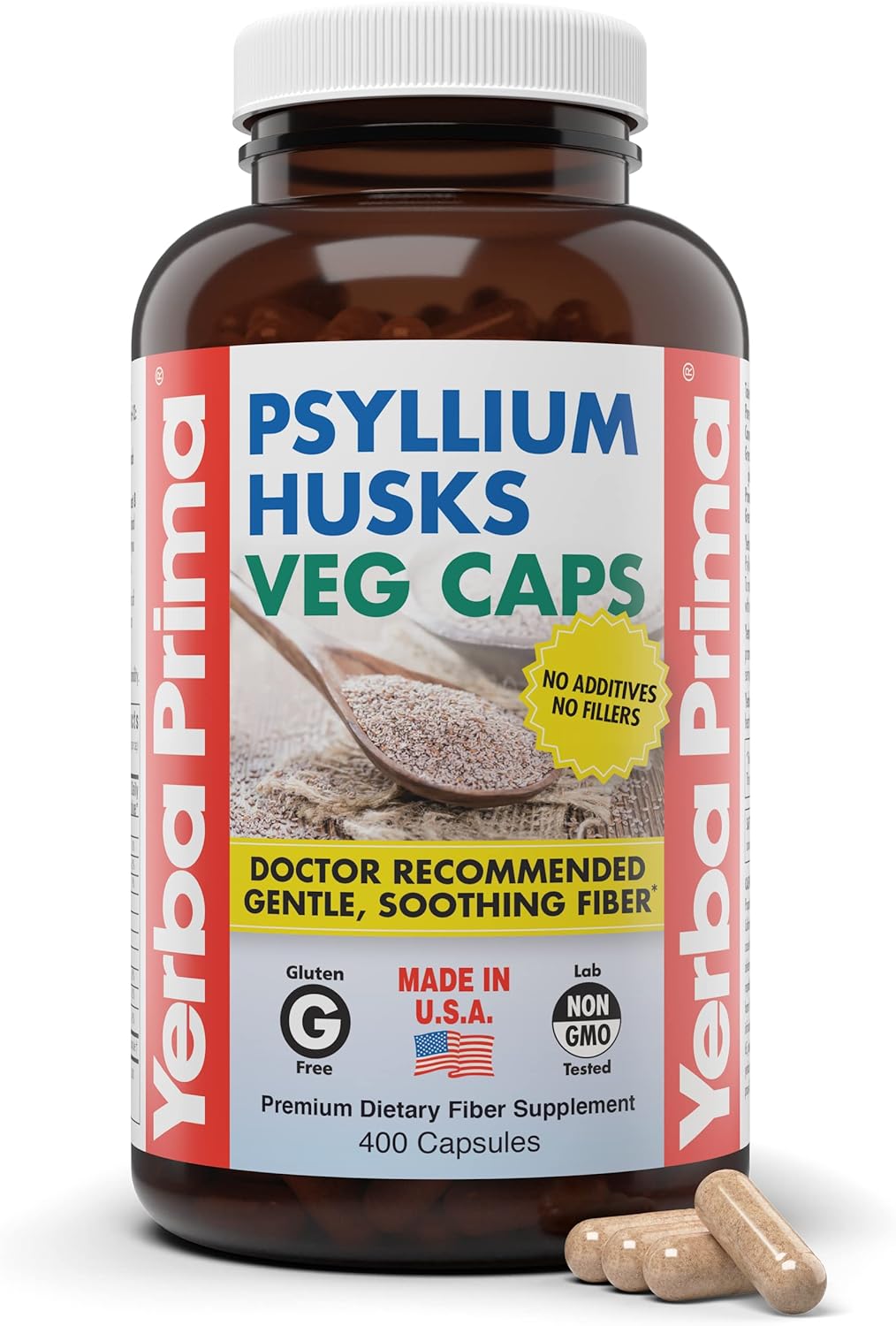 Yerba Prima Psyllium Husks Veg Caps, 400 Capsules (625mg) – Vegan, Non-GMO, Gluten Free, Colon