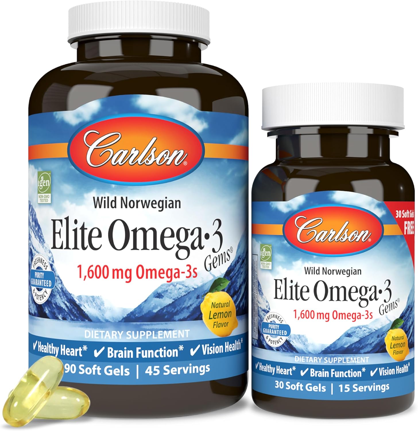 Carlson Elite Omega-3 Gems, 1600 mg, from Norway, Lemon, 90 + 30 Softgels
