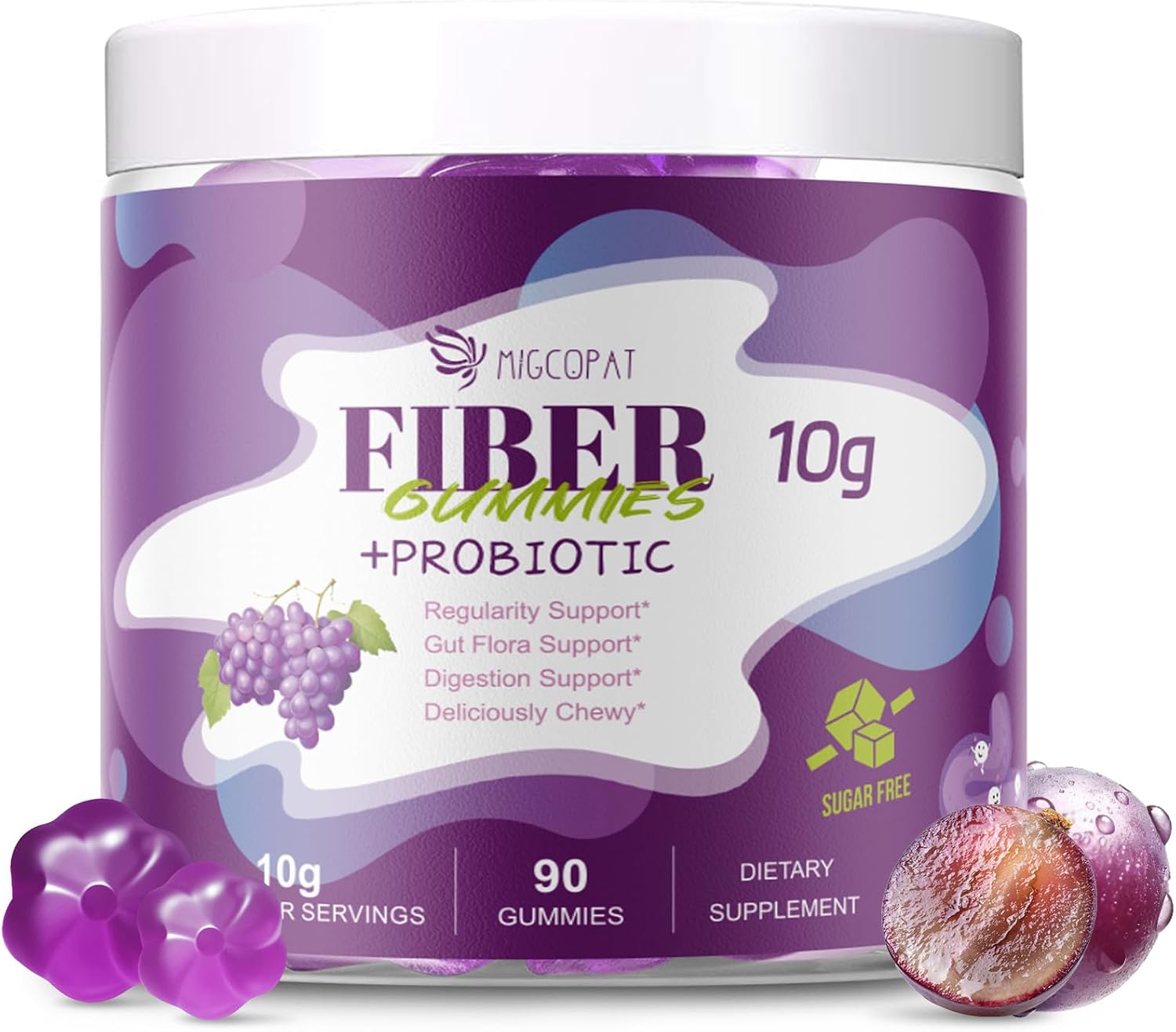 Migcopat 10G Fiber Gummies for Adults, No Sugar Added Grape Flavor, Fiber Supplement with 30 Billion
