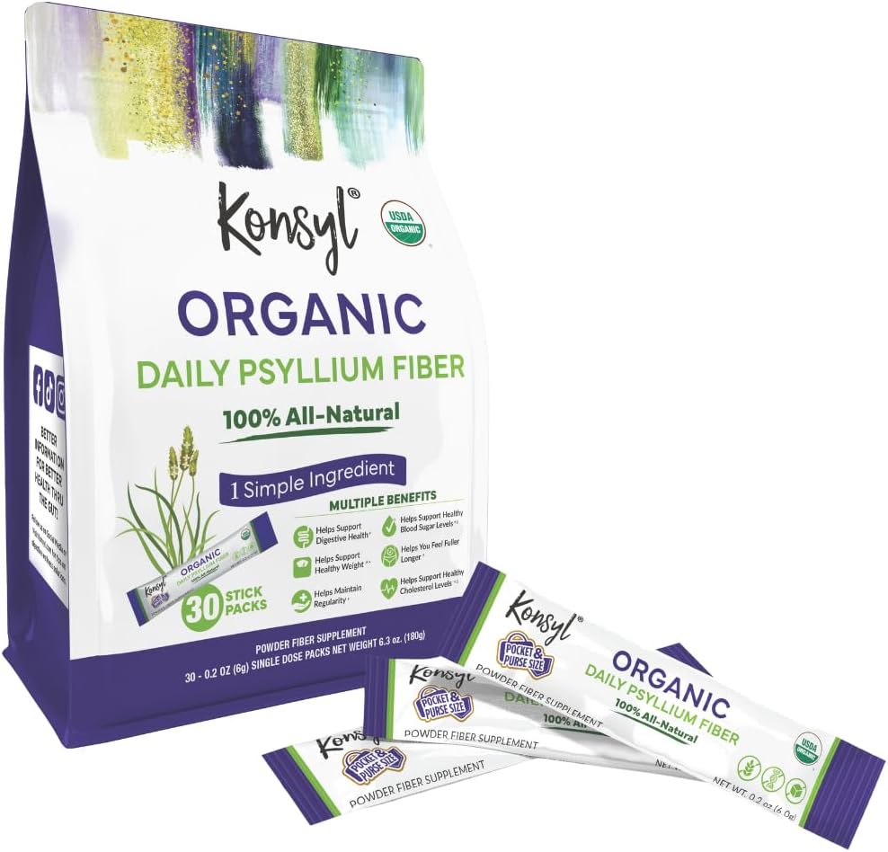 Konsyl USDA Organic Psyllium Husk Powder – 6g Sticks, 30 Pack – Natural Unflavored Soluble