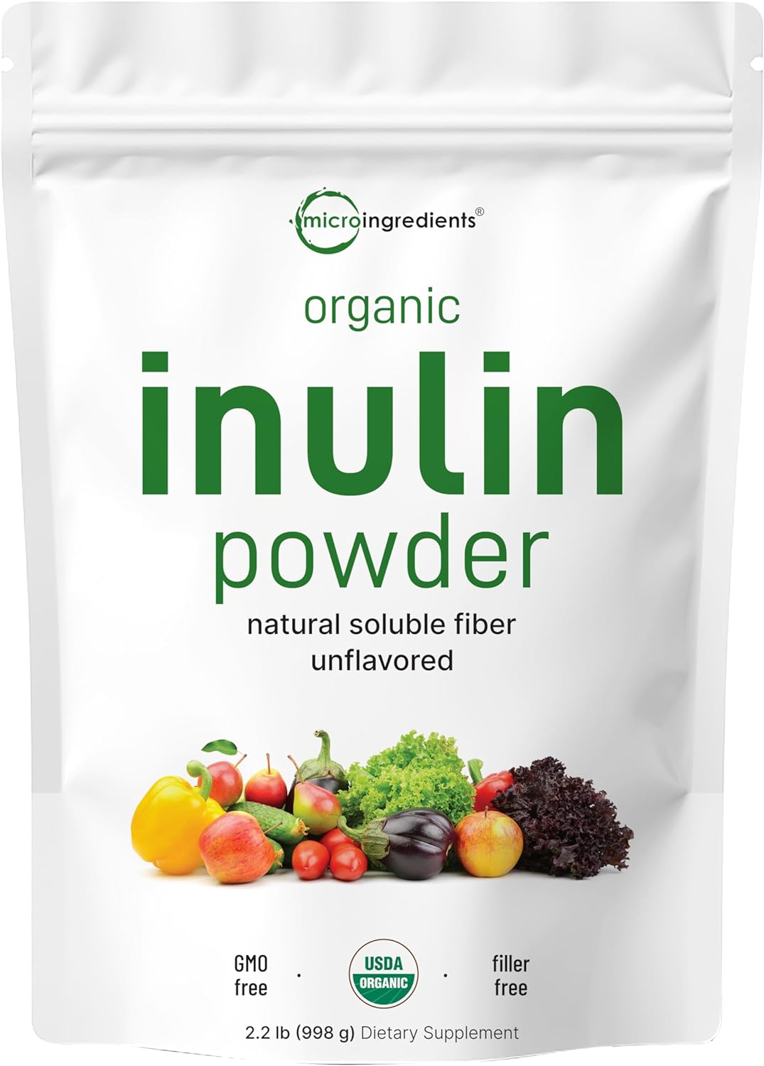 Micro Ingredients Organic Inulin FOS Fiber Powder, 2.2 lbs | Quick Water-Soluble Prebiotic | Natural