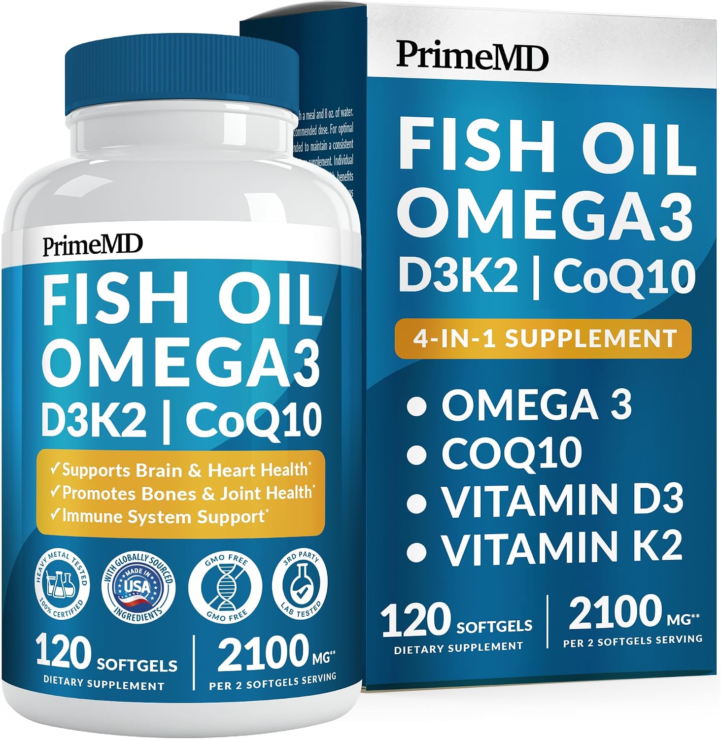 PrimeMD 4-in-1 Fish Oil Omega-3 with D3 K2 CoQ10, Lemon, 120 Softgels