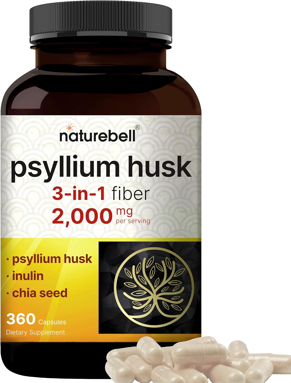 NatureBell Psyllium Husk Fiber Capsules 2,000mg Per Serving, 360 Caps | Soluble Fiber Supplement | 3-in-1