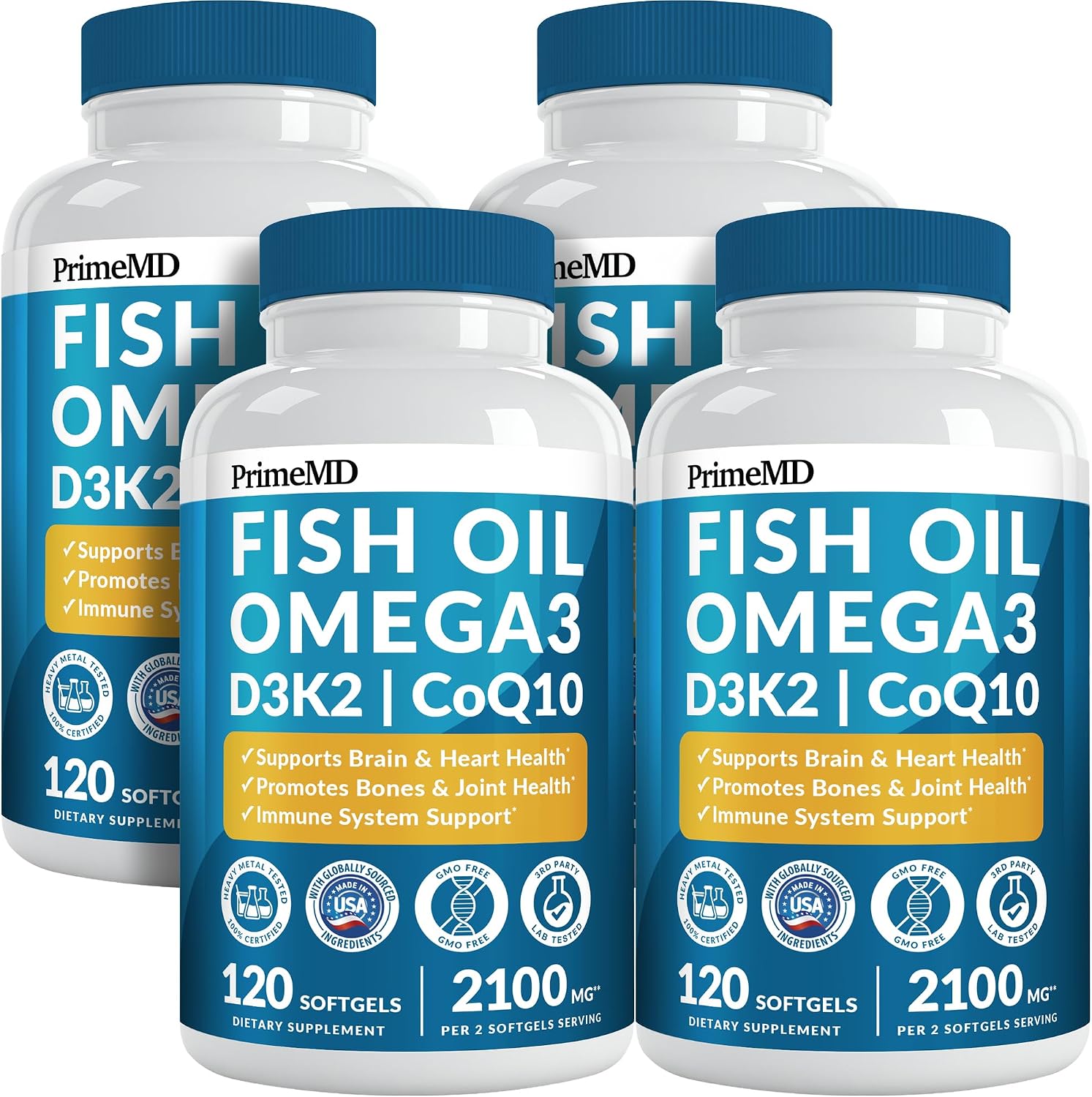 PrimeMD 4-in-1 Fish Oil Omega-3 with D3 K2 CoQ10, Lemon, 120 Softgels