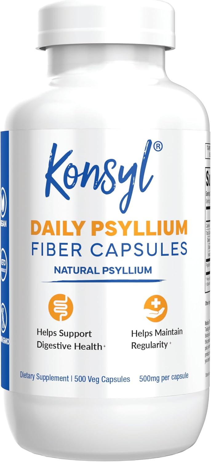 Konsyl Daily Psyllium Fiber Capsules (500 Count) Natural Unflavored Soluble Dietary Fiber Supplement