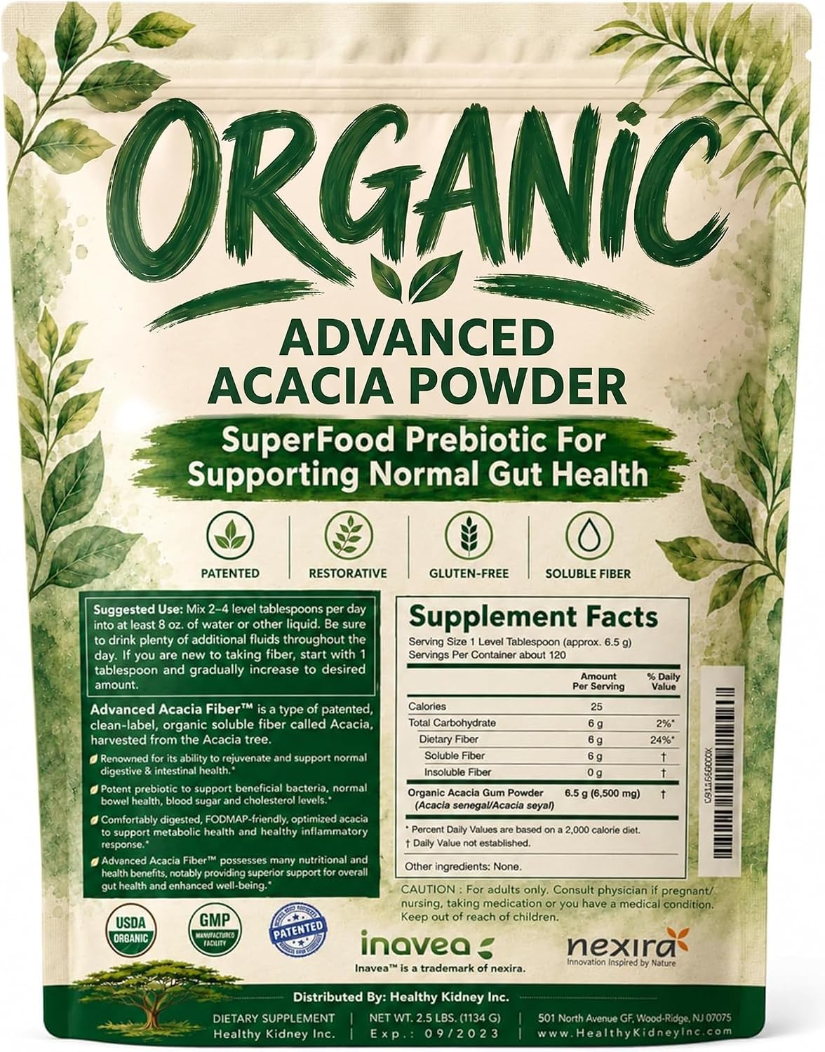 Organic Advanced Acacia Fiber Powder 40oz (2.5 lbs) – Soluble Fiber Leaky Gut Repair Powder. Natural