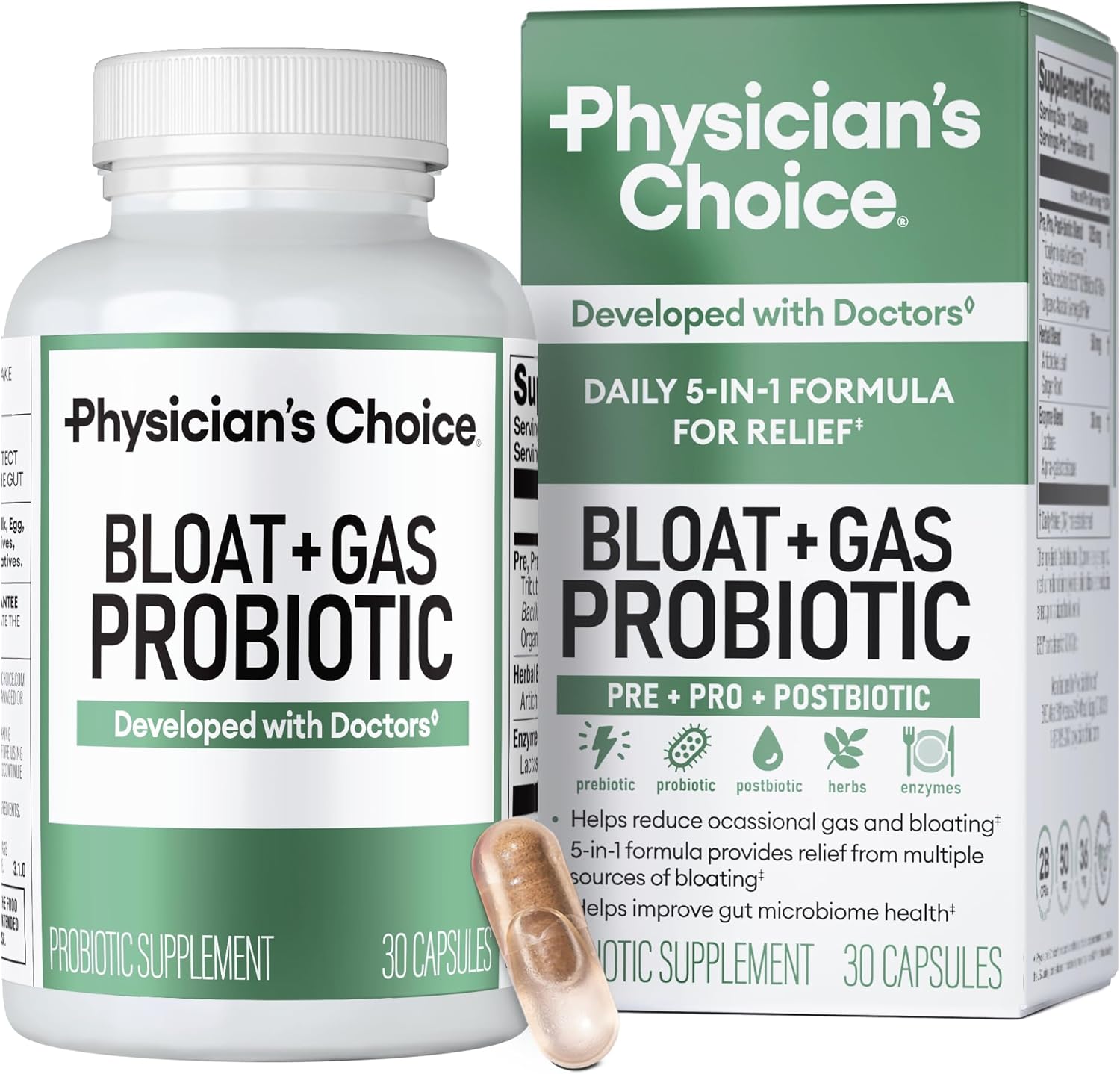 Physician’s CHOICE Bloat & Gas Probiotic 5-in-1 Proactive Support + Daily Relief – Digestion