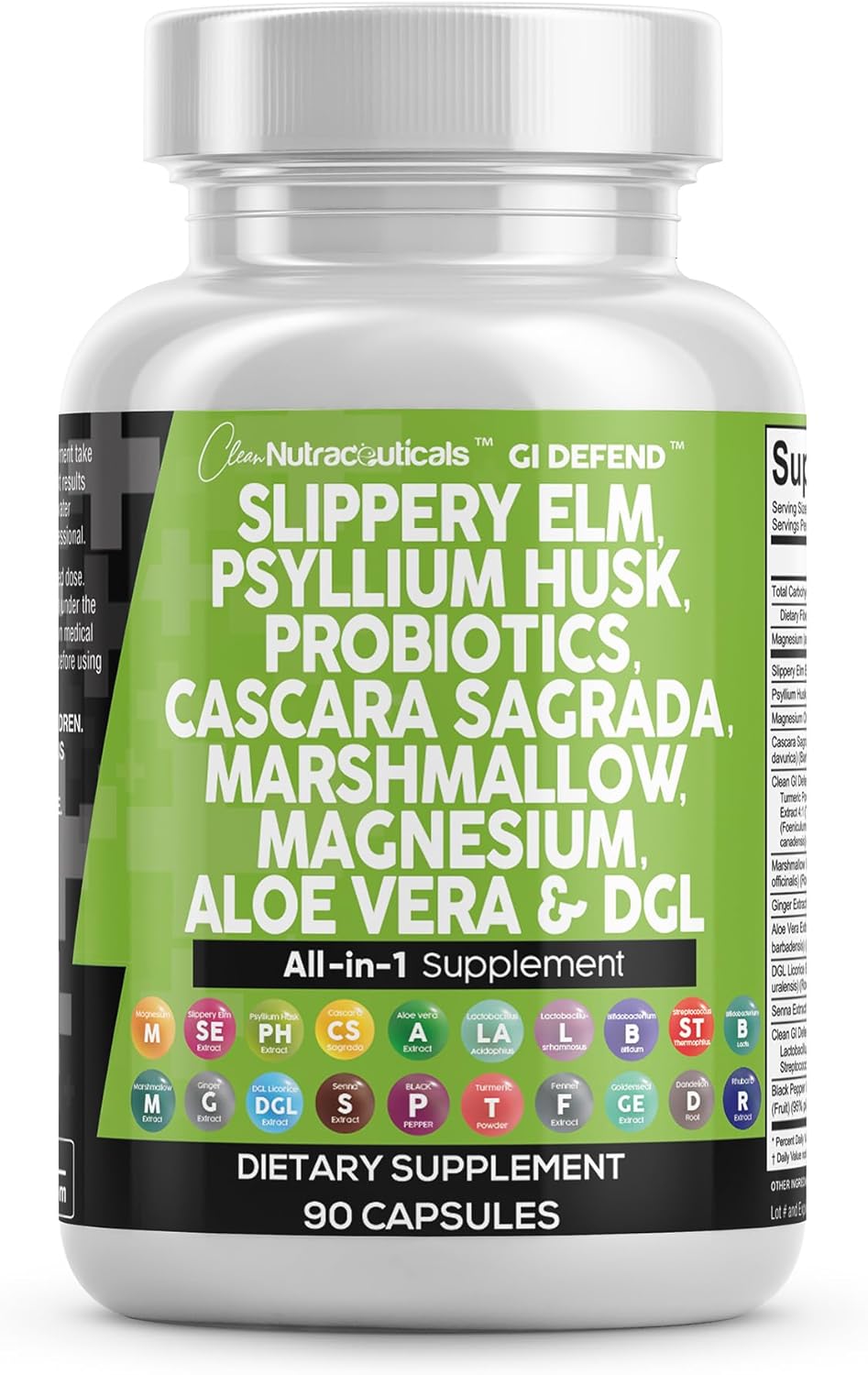 Clean Nutraceuticals Slippery Elm Psyllium Husk Pre Probiotic Digestive Gut Health Supplement with Aloe
