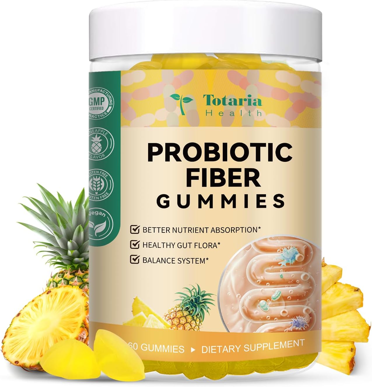 9-in-1 Sugar-free Probiotic Fiber Gummies for Adults & Teens, Pineapple