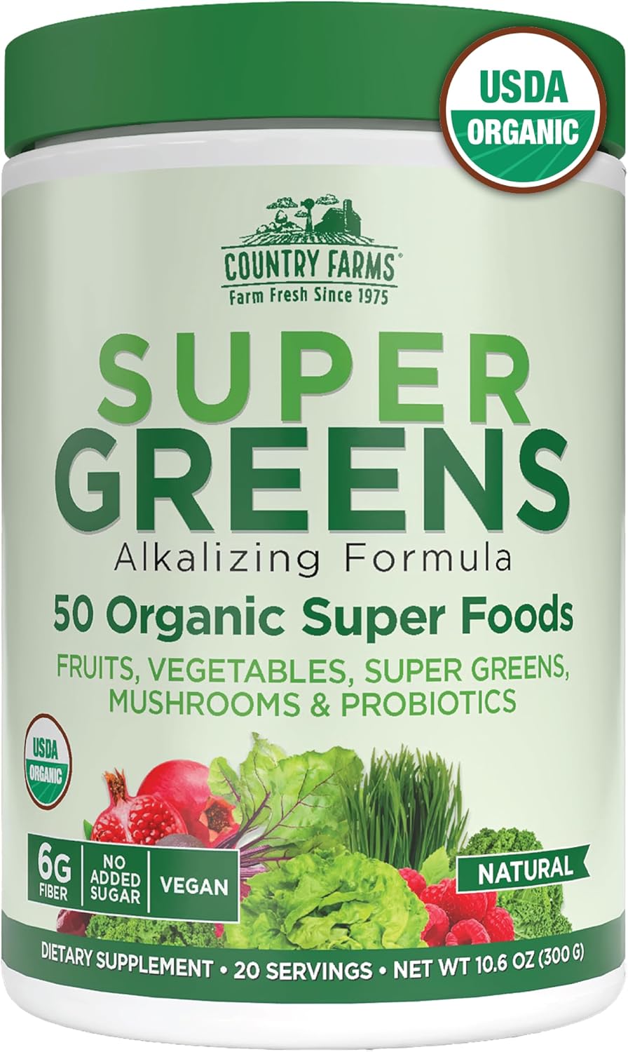 Country Farms Organic Super Greens Powder, 50 Organic Superfoods, Daily Greens Drink Mix with Fruits,