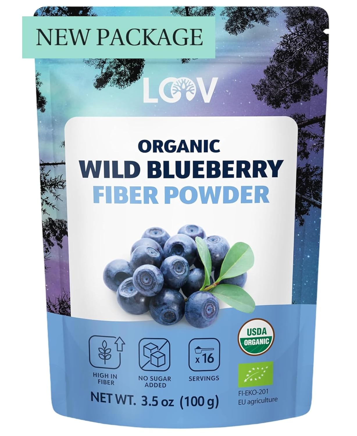 LOOV Organic Fiber Powder Blueberry 3.5 oz – Made from Organic Wild Nordic Blueberry (Bilberry) Skins