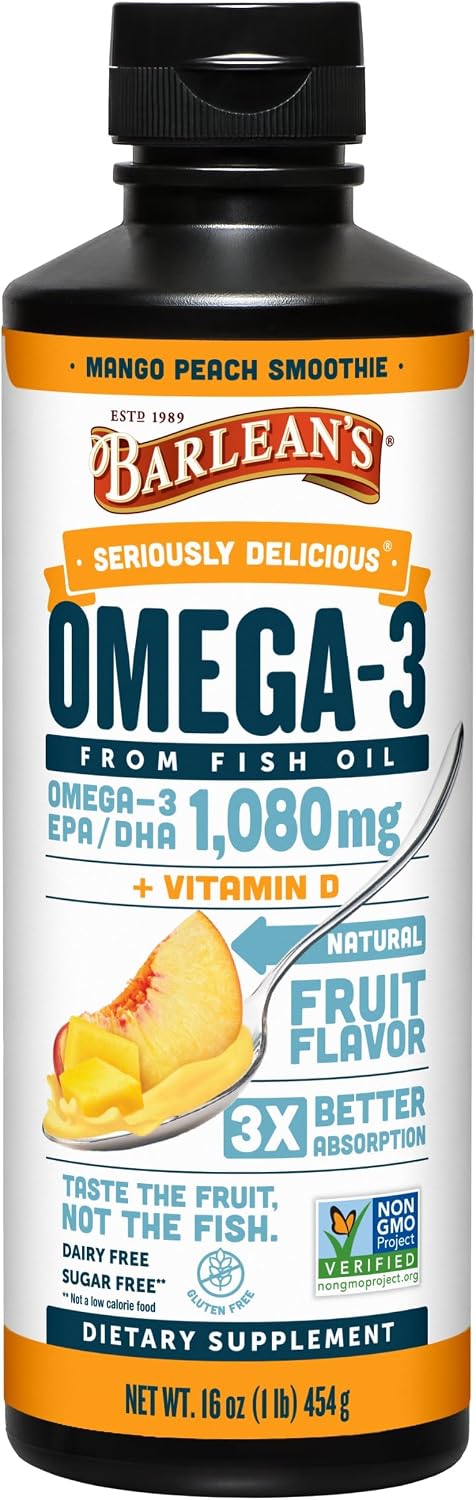 Barlean’s Mango Peach Omega-3 Fish Oil with Vitamin D, 1080mg, 16oz