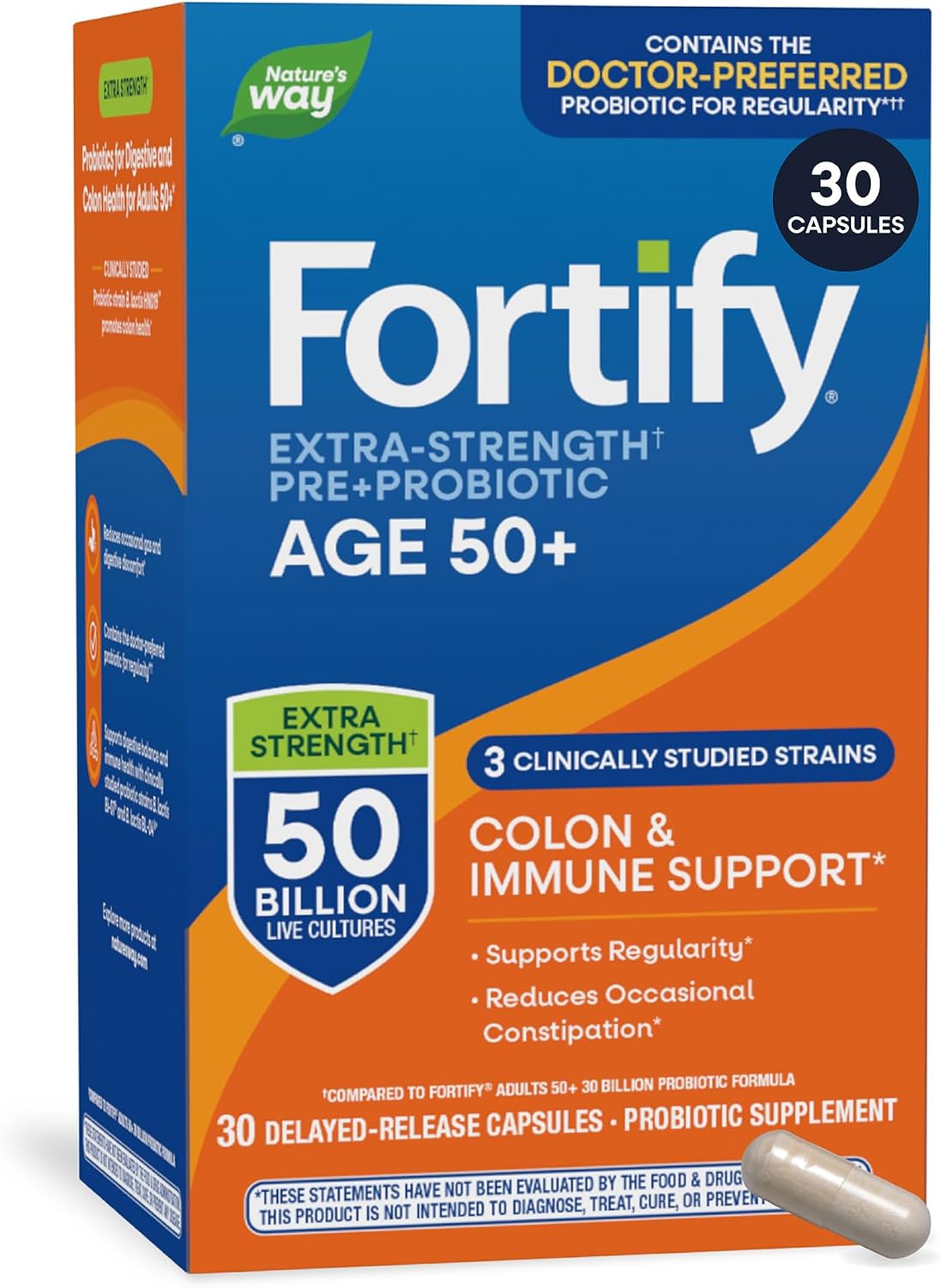 Nature’s Way Fortify Extra Strength(1) Probiotic Adults 50+, 50 Billion Live Cultures, Prebiotics,