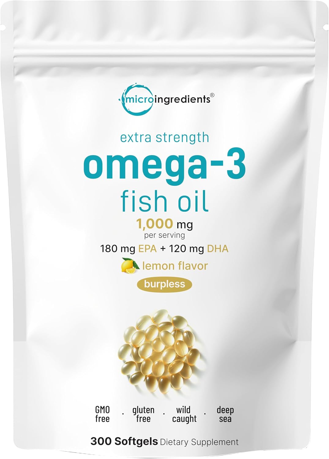 Micro Ingredients Extra Strength* Omega-3 Fish Oil Supplements 1,000mg Per Serving, 300 Softgels | Lemon