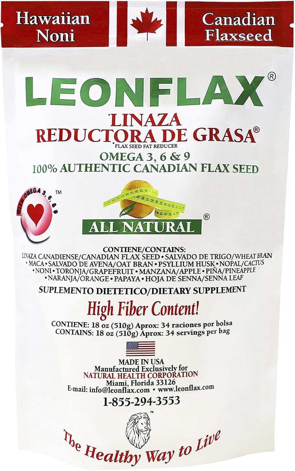 Leonflax, 100% Authentic Canadian Flax Seed, All-natural, High Fiber Content, Dietary Supplement to Improve