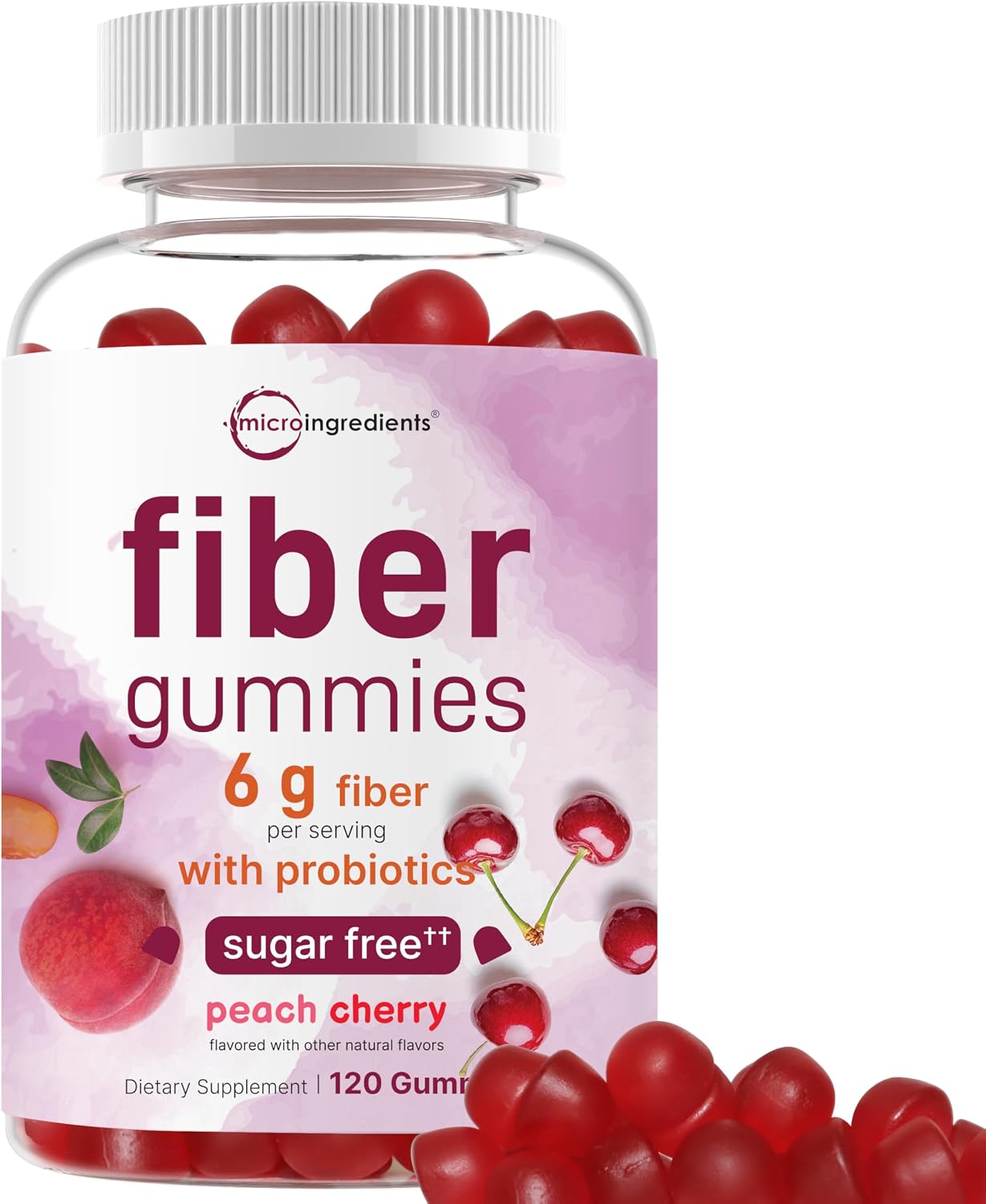 Micro Ingredients Fiber Gummies with Probiotics, 120 Count | 6g Per Serving + 2 Billion CFU | Sugar Free