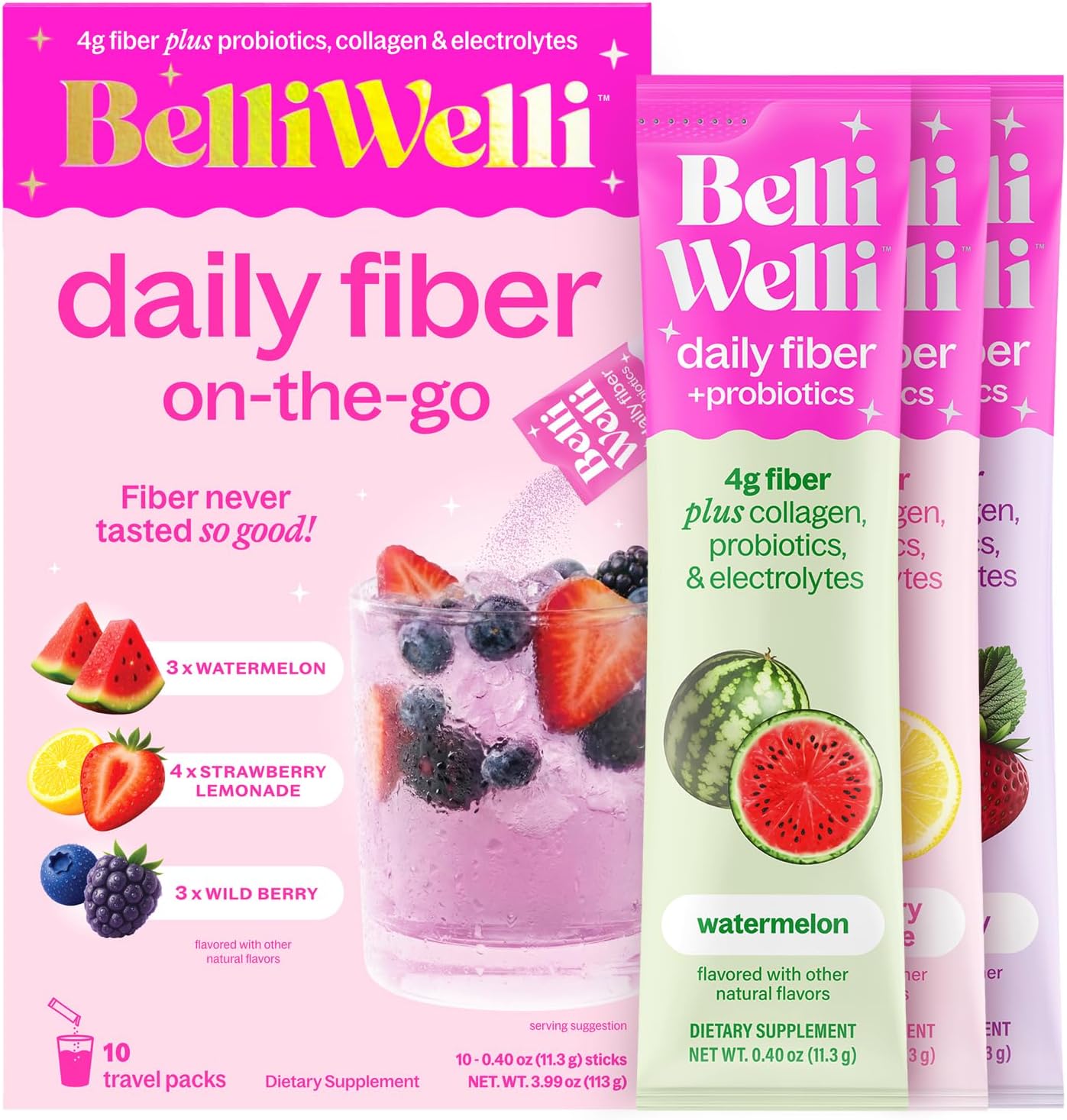 Belli Welli Daily Fiber Supplement Packets with Collagen, Probiotics & Electrolytes | Single Serve