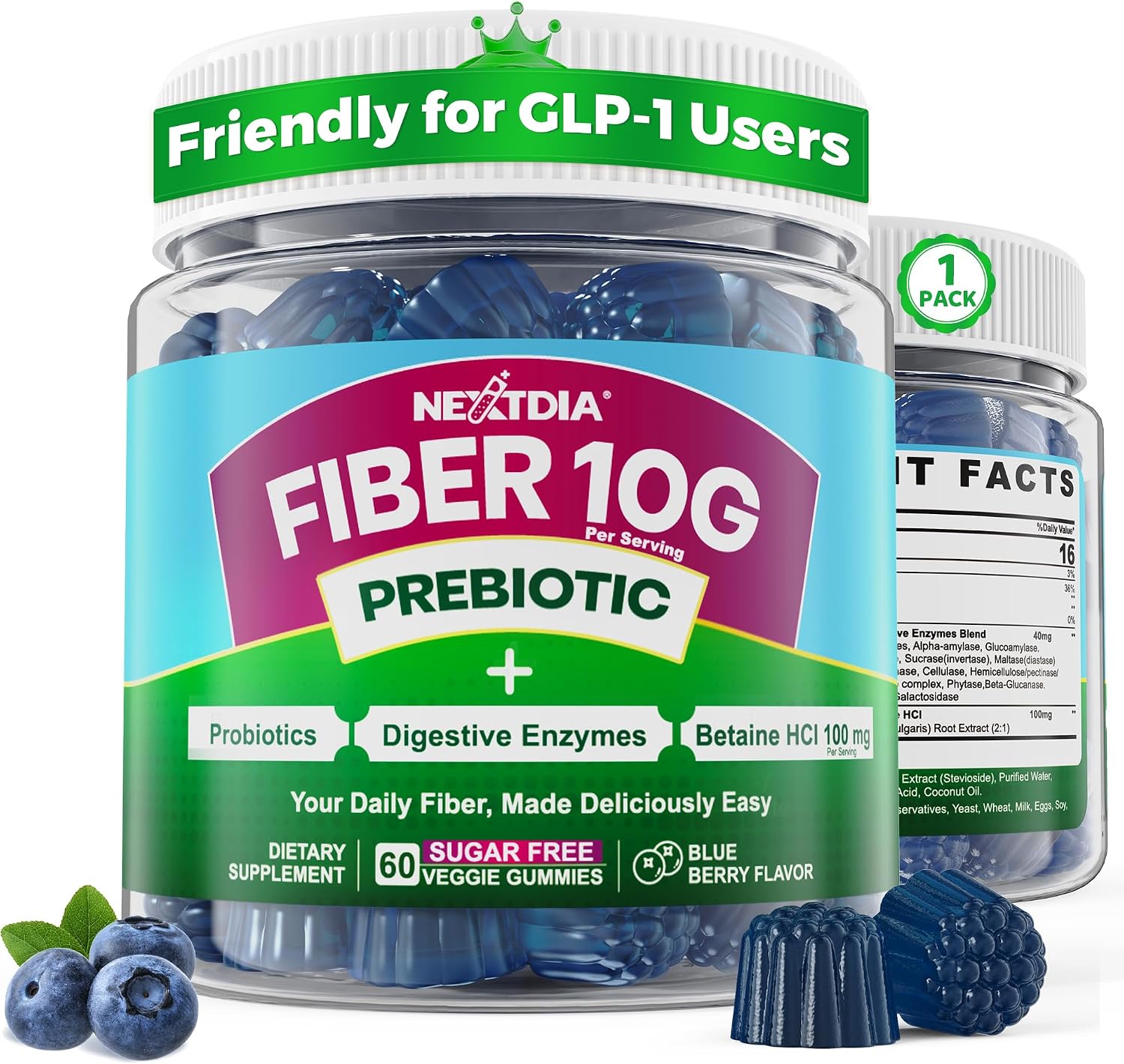 Fiber Gummies for Adults, GLP-1 Friendly 10g Prebiotic Fiber Gummies, 60Cts