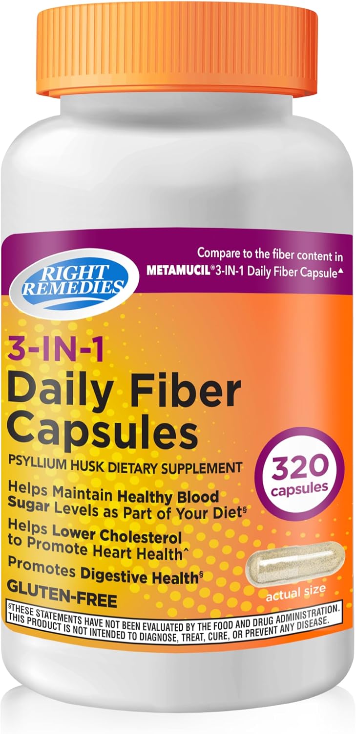 RIGHT REMEDIES 3-in-1 Daily Fiber Capsules, 500 mg, 320 Capsules