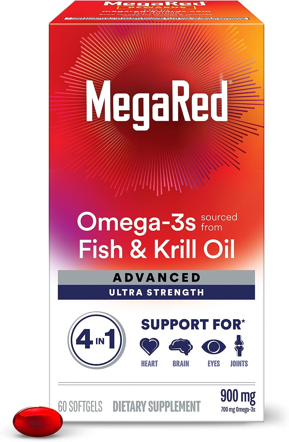 Megared Omega-3 Fish & Krill Oil Supplement 900mg – MegaRed Advanced 4in1, 60 softgels, 2x