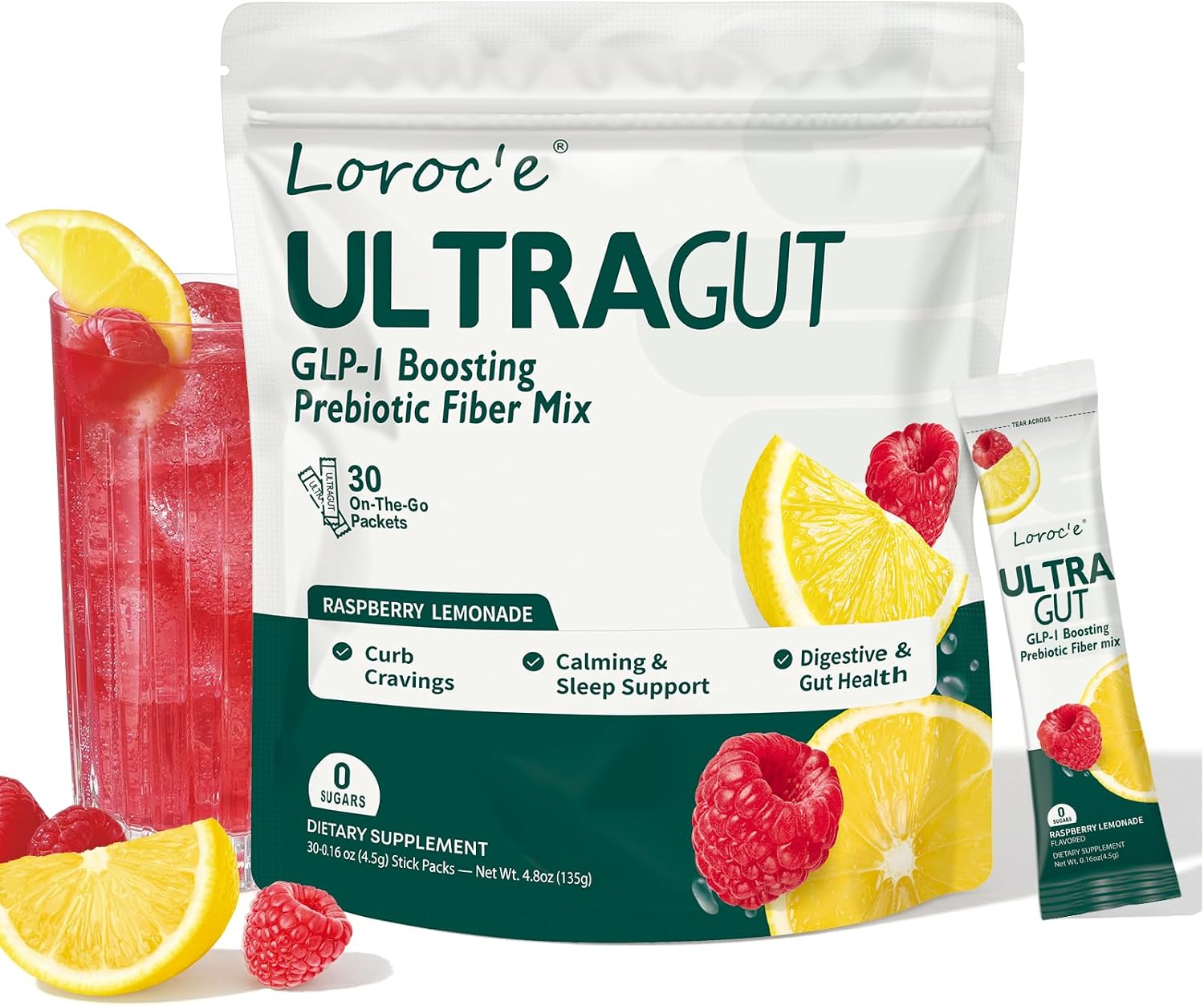 UltraGut GLP-1 Booster Fiber Mix Drink, Raspberry Lemonade, 30 Servings