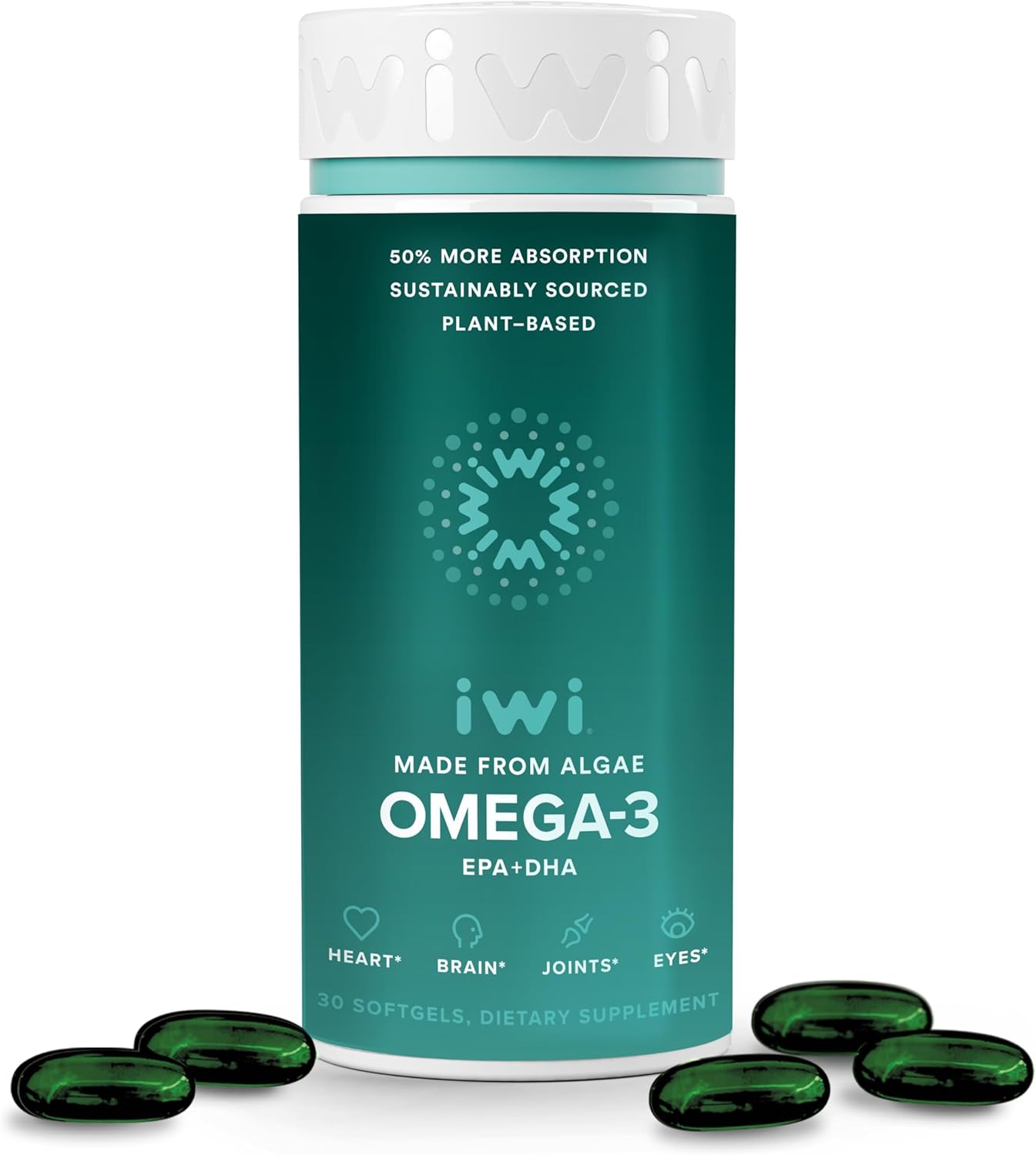 Iwi Omega-3, 30 Softgels (30 Servings), Vegan Plant-Based Algae Omega 3 with EPA + DHA, Whole-Body Support