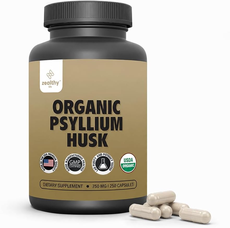 Organic Psyllium Husk Capsules 750 mg, Natural Fiber Supplement for Gut Health* – Alternative to