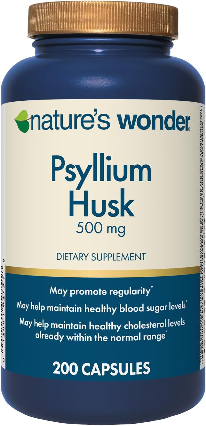 Nature’s Wonder Psyllium Husk 500 mg Capsules for Digestive Health, Plant-Based Fiber, 200 Count