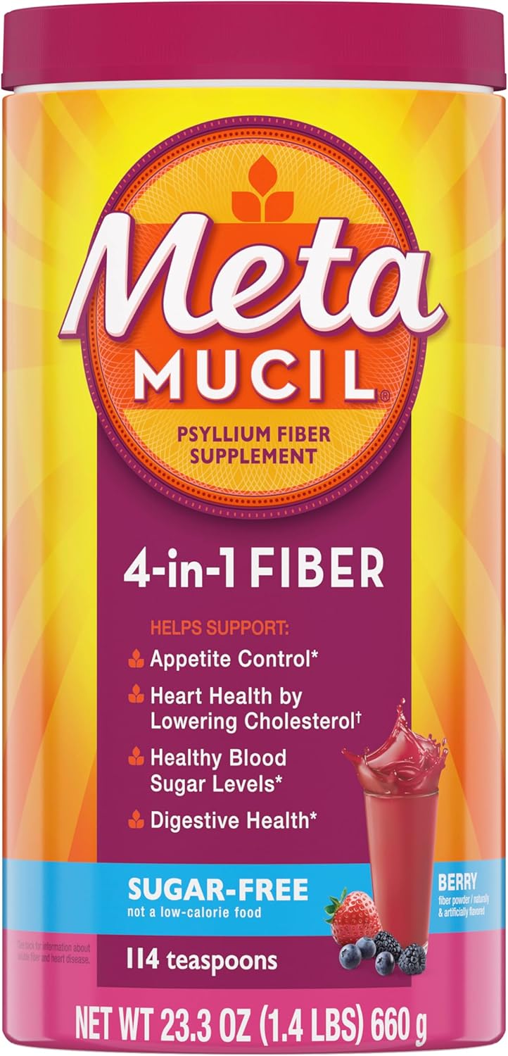 Metamucil, 4-in-1 Fiber Supplement, Psyllium Husk Powder, Sugar-Free Powder, Berry Flavored Drink, 114