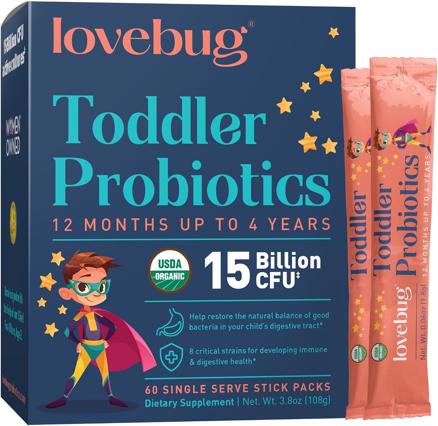 LOVEBUG Award Winning Probiotics | Constipation & Stomach Discomfort | Softer Bowel Movements |