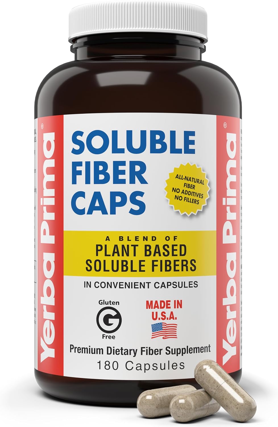 Yerba Prima Soluble Fiber Formula Capsules, 180 Count – Premium Dietary Fiber Supplement, Natural,
