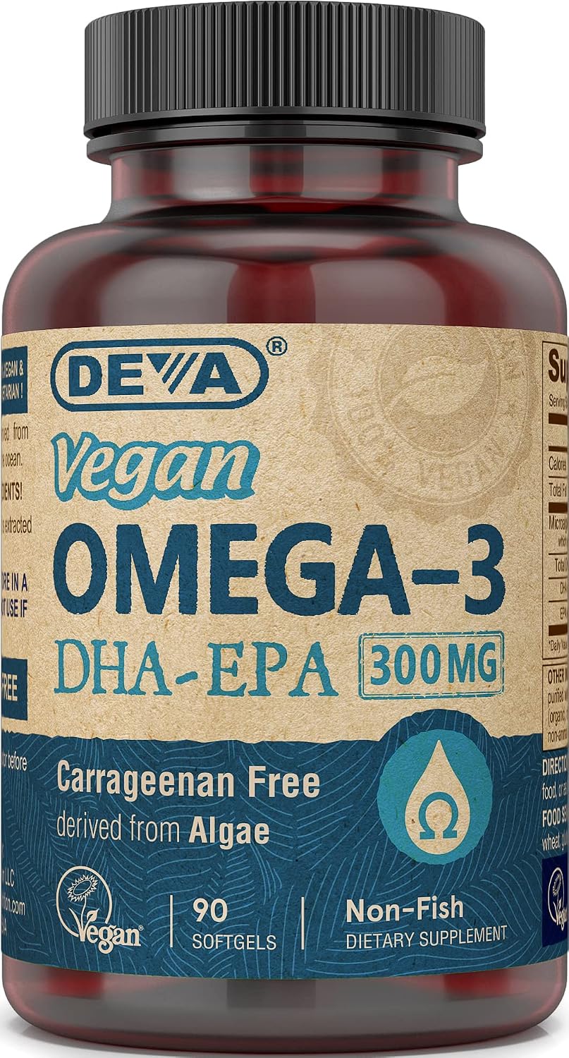 Deva Vegan Omega-3 DHA – EPA 300 mg Potency, Carrageenan Free Non Fish, from Algae, 90 Vegetarian/Vegan