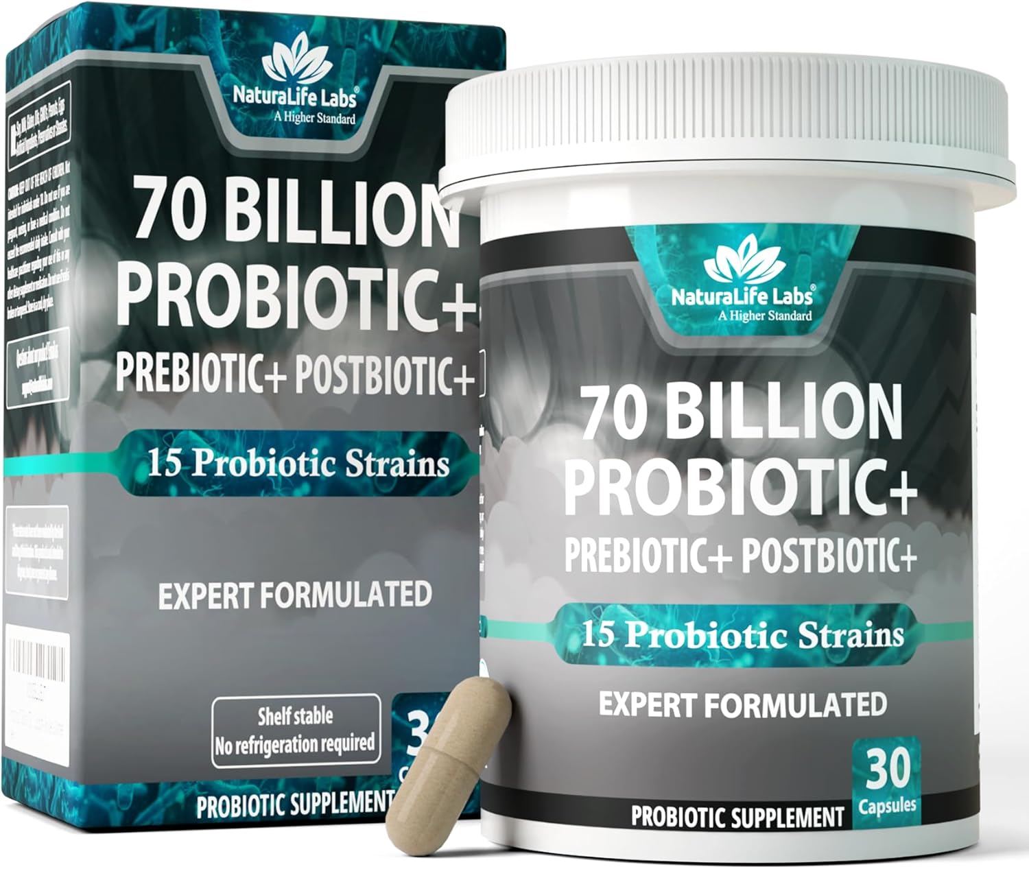 NaturaLife Labs Probiotics 70 Billion CFU – 15 Strains + Organic Prebiotic & Postbiotic 3-in-1