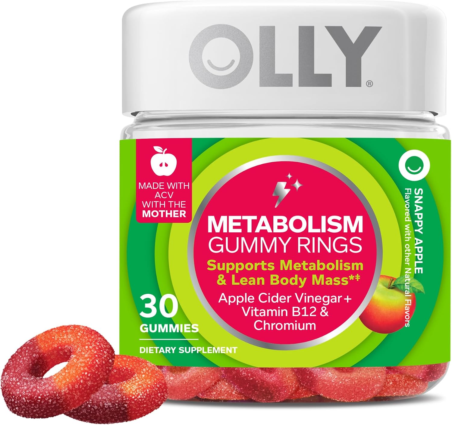 OLLY Metabolism Gummy Rings, Cellular Energy Supplement,* ACV – 30 Count