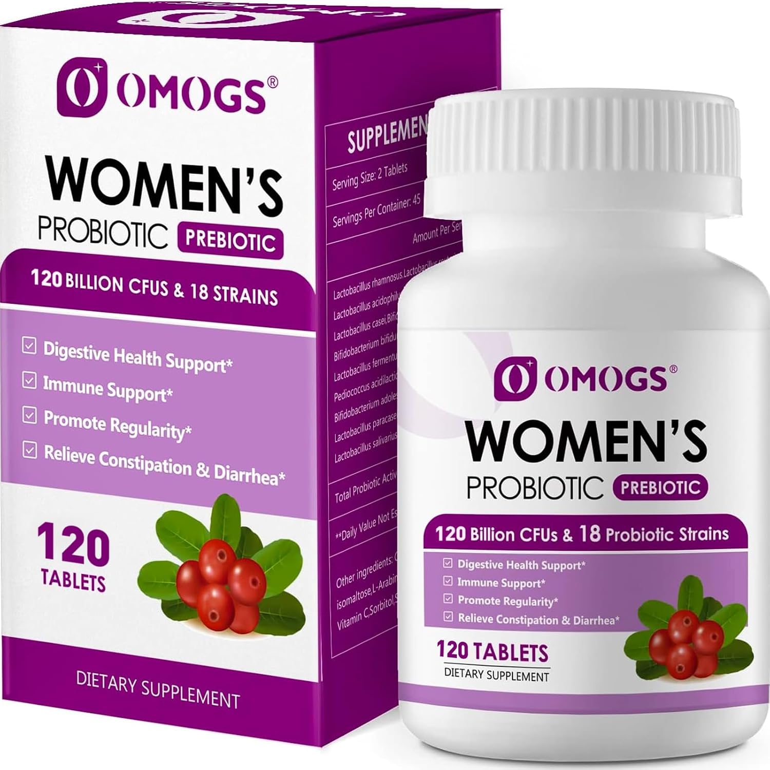OMOGS Women’s Probiotic, with Cranberry Extract, Organic Prebiotics & Vitamin C, 120 Billion