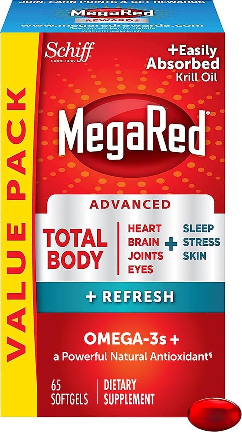 MegaRed Omega-3 Blend Total Body + Refresh 500mg Softgels, (65 Count in a Bottle), Easily Absorbed Krill